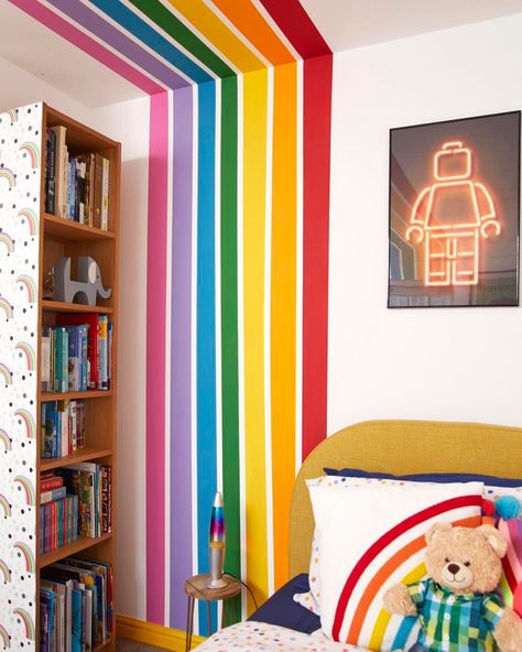 The rainbow room 🌈 sadly its days are numbered as our not so little dude is now asking for a “gamer room” 😭 This was a surprise makeover for our then 5 year old during lockdown. He became obsessed with rainbows after seeing them everywhere with all the NHS clapping and very specifically told me he wanted a “rainbow stripes” bedroom. I think we hit the brief! 💪🏻🌈 Photo credits @lisamoses.creative and @katiejane.watson for @homestylemaguk Boys Rainbow Bedroom, Rainbow Bedroom Ideas Kids, Stripes Bedroom, Bedroom Rainbow, Rainbow Room Kids, Striped Bedroom, Rainbow Bedroom, Striped Room