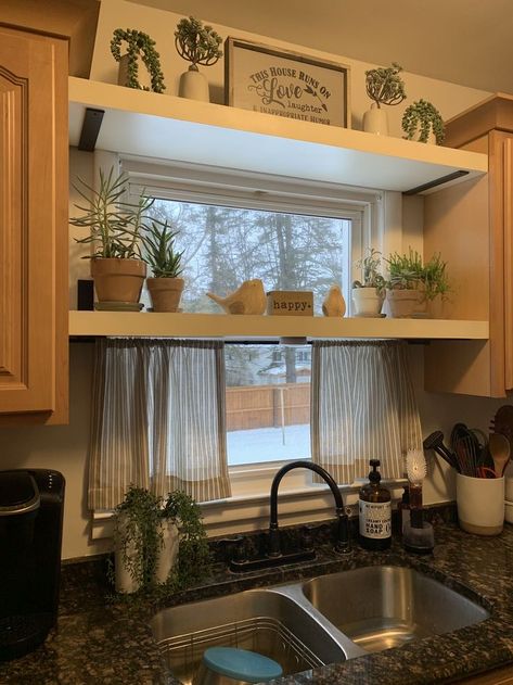 Mobile Home Shelving Ideas, Hanging Shelf Kitchen Window, Mobile Home Indoor Remodel, Shelves Over Kitchen Sink Window, Kitchen Decor For Small Kitchens, Shelf Over Kitchen Sink Window, Kitchen Window Ideas Over Sink Farmhouse, Above Kitchen Sink No Window Ideas, Old Farmhouse Esthetic