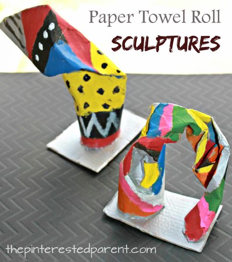 Paper towel roll sculptures. Twist bend and fold cardboard tubes to make simple structures and paint. Arts and crafts for kids. Paper Towel Crafts, Classe D'art, Sculpture Lessons, Recycled Art Projects, Sculpture Projects, Easy Art Projects, Elementary Art Projects, Paper Towel Roll Crafts, Art Lessons Elementary