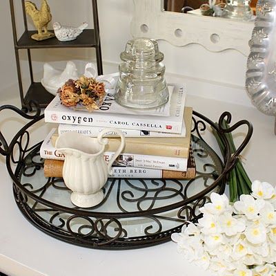 Southern Living tray Southern Living At Home, Southern Living At Home Decor Products, Wire Tray Decor Ideas, Black Metal Tray Decor, Southern Living Decor, Brass Tray With Candles, Coffee Table Tray Antique, Iron Candle Tray, Vintage Tin Tv Trays