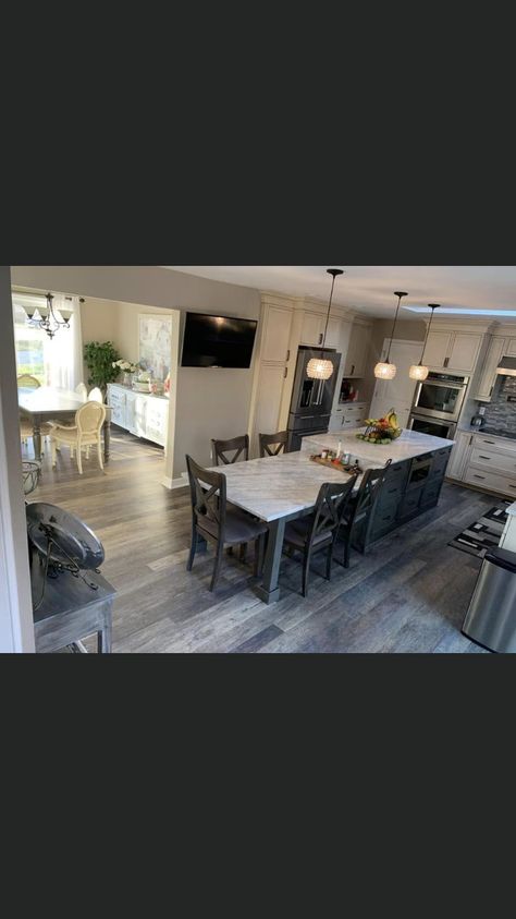 Two Level Kitchen Island Ideas, Island With Breakfast Table, Kitchen Island Ideas 6 Seats, Kitchen Island With Lower Table, Extended Island Kitchen, Kitchen Island Addition Ideas, Island With Lower Table Attached, Two Level Island With Seating, Multi Level Kitchen Island With Seating