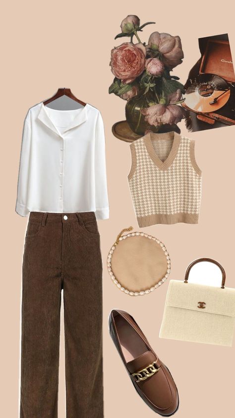 #vintage #brown #outfitsinspo #backtoschool #dresstoimpress #outfit #outfitideas White Vest Outfit, White Vest, Brown Fall, Brown Pants, Pants White, Vest White, Vest Outfits, Outfit Inspo Fall, Fall Fashion Trends