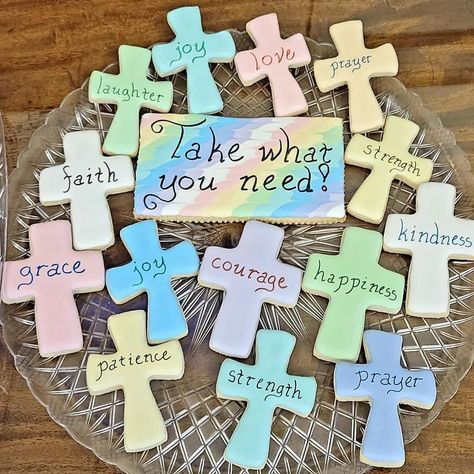 Christian Cupcakes Ideas, Inspirational Cookies Decorated, Just Because Cookies Decorated, Bible Verse Cookies, Church Cookies Decorated, Christian Desserts, Church Welcome Gifts, Youth Group Snacks, Scripture Treats