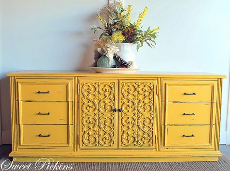 This is my parents dresser.....and mom just gave it to me a couple months ago.  What color to paint your furniture? (25 DIY Projects) - Craftionary Yellow Buffet, Yellow Painted Furniture, Yellow Dresser, Yellow Cabinets, Yellow Furniture, Refinished Furniture, Painting Furniture Diy, Paint Furniture, Redo Furniture