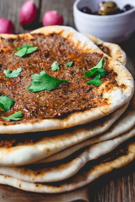 Easy Turkish Lahmacun Recipe | The Mediterranean Dish | Bloglovin’ Turkish Flat Bread, Turkish Flatbread, Turkish Pizza, The Mediterranean Dish, Cooking Pizza, Eastern Cuisine, Mediterranean Dishes, Middle Eastern Recipes, Arabic Food