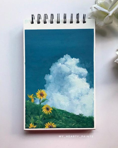 Anju | gouache,acrylics on Instagram: “Cotton candy clouds with sunflowers🌻☁️ Starting ghibli series ...1/6 @officialhouseofarts @phenomenol__arts @instaartexhibition…” Candy Clouds, Cotton Candy Clouds, Cotton Candy Sky, Landscape Art Painting, Cloud Painting, Canvas Paintings, Cotton Candy, Landscape Art, Watercolor Art