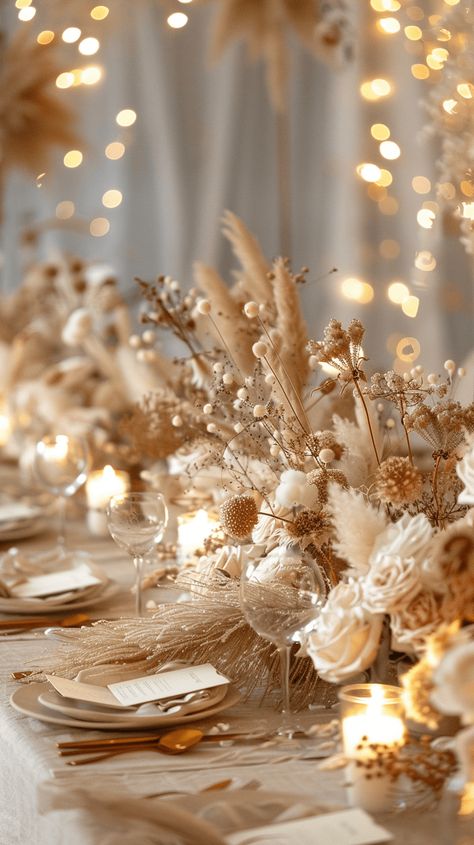 Flowers For Wedding Decoration, All White Fall Wedding, Table Flower Decor, Boho Tablescape Wedding, Rehearsal Cake Ideas, Gold Weddings, Gold Wedding Aesthetic, Wedding Flowers Autumn, Autumn Wedding Table Decor