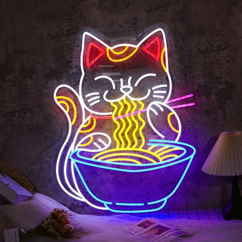 Cut Anime Fortune Cat Eat Ramen Image, This is decoration for Restaurant needs. We’ve got you covered from. Ramen Japanese, Bilik Permainan, Led Wall Decor, Fortune Cat, Cat Eating, Ramen Restaurant, Japanese Noodles, Neon Decor, Personalized Neon Signs