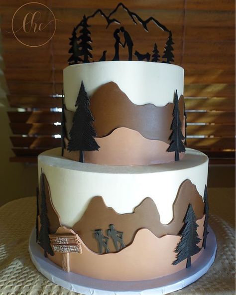 I designed this wedding cake for a couple who loves hiking!! Buttercream cake with fondant details. Fondant from @fatdaddios Topper… Hiking Themed Wedding, Mountain Themed Wedding, Running Cake, Cake Recipe For Decorating, Nature Cake, Mountain Cake, Cake With Fondant, Fondant Wedding Cakes, Themed Wedding Cakes