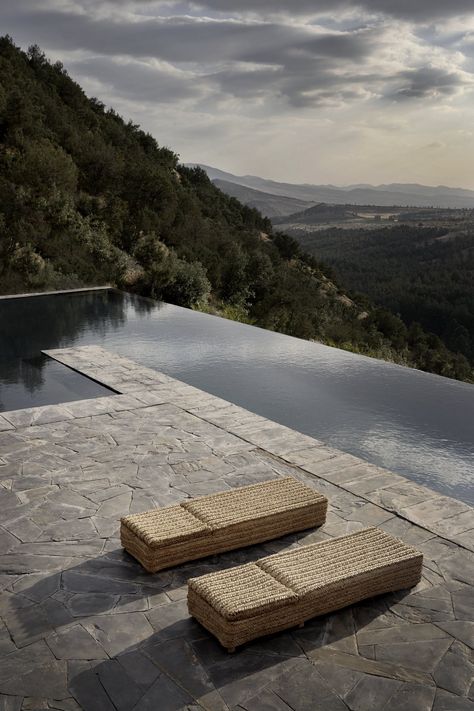 Minimalist Terrace, Deck Decor Ideas, Long Pool, Moroccan Villa, Studio Ko, Stone Deck, Deck Decor, Forest View, Deck Decorating