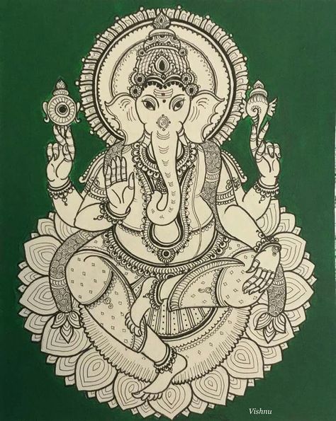 Ganesha Kalamkari Painting, Kalamkari Ganesha Painting, Kalamkari Drawing Design, Folk Art Indian, Arte Ganesha, Backpiece Tattoo, Painting Indian, Ganesh Art Paintings, Kerala Mural Painting