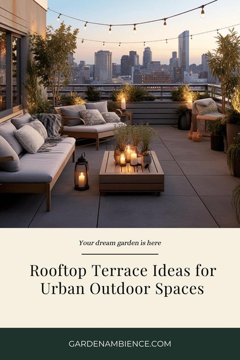 Maximize your rooftop space with these inspiring design ideas. Create a unique urban retreat for relaxation, gardening, or entertaining. Terrace On The Roof, Cool Terrace Ideas, Nyc Patio Ideas, Small Roof Top Terrace Design, Urban Terrace Design, Rooftop Balcony Ideas, Deck Balcony Ideas, Home Rooftop Ideas, Outdoor Terrace Ideas Rooftop Patio