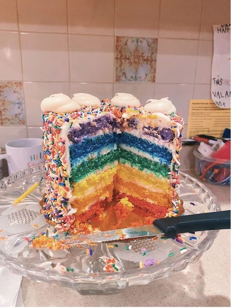 Rainbow cake|Aesthetic|baking|cute cake| kids cake| Rainbow Cake Aesthetic, Baking Cute, Aesthetic Baking, Here Comes The Dopamine, Aesthetic Rainbow, Cake Kids, Cake Aesthetic, Cute Cake, Rainbow Cake