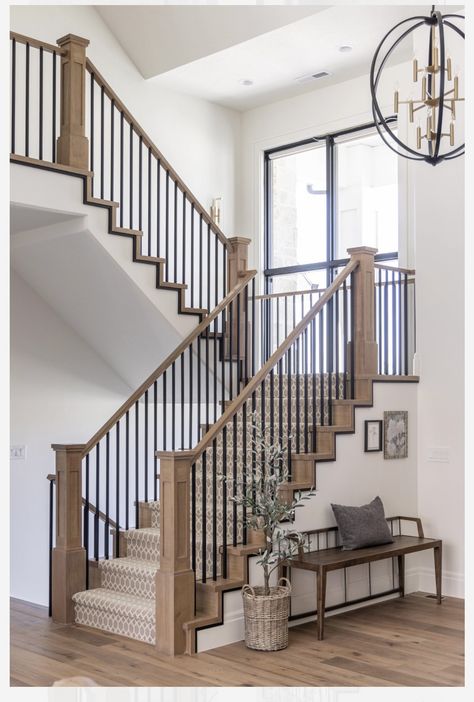 Storage Under U Shaped Stairs, Wood And Black Railing, Stairs In Kitchen Layout, Indoor Railing Ideas, Stair Railing Ideas Modern, Modern Deck Railing Ideas, Front Entry Stairs, Modern Deck Railing, Modern Stair Railing Ideas