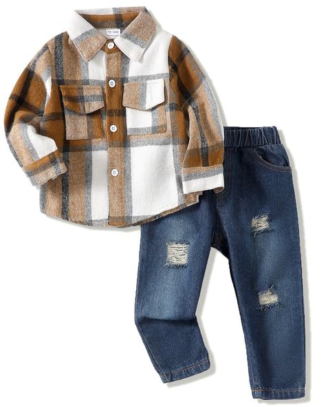 PRICES MAY VARY. Material--- Cotton fabric for toddler baby boys clothes set. Soft and breathable, skin friendly for baby daily wear, very cozy and free. Great gift for your little one. Feature of toddler boys clothes---Long sleeve coffee plaid stylish shirt, adorable ripped denim pants, 2 pcs fall winter clothes for toddlers baby boys. Unique Designs---Delicate and soft plaid tops with matching ripped jeans, so fashion and adorable, all make your little one get lots of compliments with this ado Boys Ripped Jeans, Warm Fall Outfits, Baby Boy Winter Outfits, Toddler Baby Boy, Ripped Denim Pants, Boys Fall Outfits, Clothes For Boys, Fall Jeans