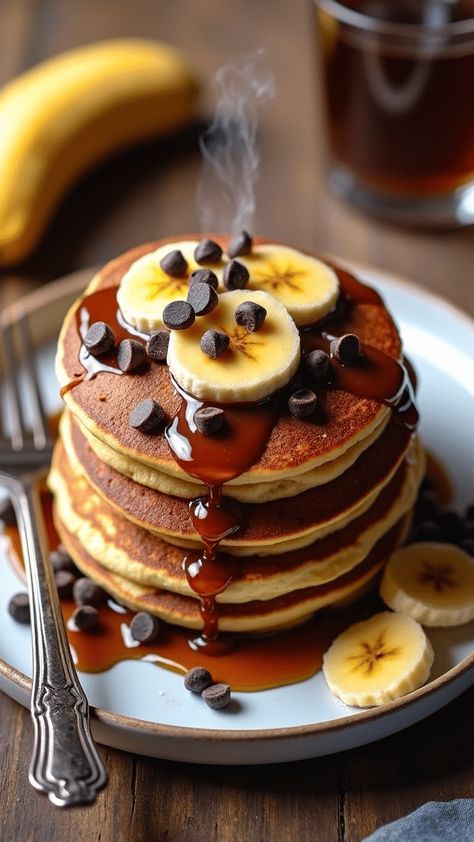 Chocolate Chip Banana Pancakes Banana Chocolate Pancakes, Chocolate Chip Banana Pancakes, Banana Chocolate Chip Pancakes, Banana Pudding Poke Cake, Pudding Poke Cake, Chocolate Pancakes, Perfect Pancakes, Fruit Toppings, Chocolate Chip Banana