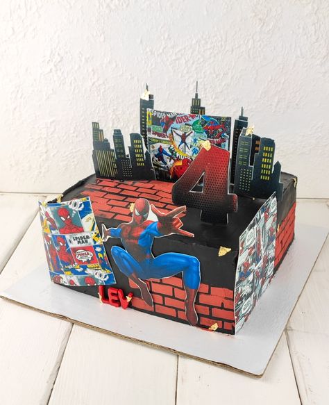 Square black cake, edible pictures Deadpool Art, Black Cake, Sponge Cakes, Spiderman Cake, Sponge Cake, Deadpool, Spiderman, Comics, Baking