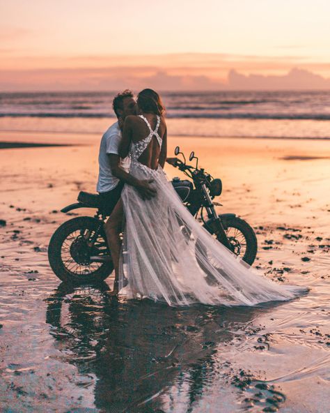 Couple On A Bike, Harley Wedding, Emerald Green Wedding Theme, Bike Wedding, Biker Wedding, Wild Wedding, Green Themed Wedding, Emerald Green Weddings, All Who Wander