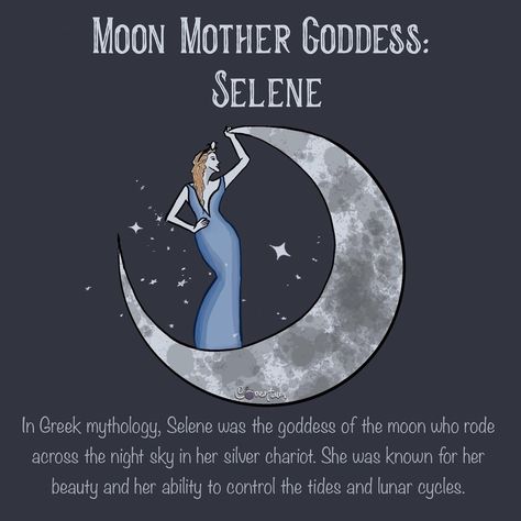 🌙The symbolism of Selene as the moon mother has been celebrated in many ancient cultures. In some traditions, the moon is seen as a feminine symbol, representing intuition, emotions, and creativity. Selene was the daughter of the Titans Hyperion and Theia, and sister to Helios, the sun god, and Eos, the goddess of the dawn. As the goddess of the moon, Selene was often depicted as a beautiful woman with a crescent moon crown, or as a charioteer riding a silver chariot pulled by winged horses... Selene Goddess Of The Moon Art, Theia Goddess, Selene Goddess Of The Moon, Selene Goddess, Luna Goddess, Moon Goddesses, Moon Crown, Goddess Selene, Moon Sea