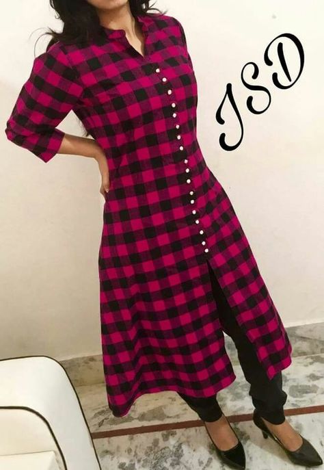 Woolen Kurti Design, Winter Kurti, Plain Kurti Designs, Salwar Suit Neck Designs, Leaves Dress, Long Blouse Designs, Checked Shirt Dress, Kurti Sleeves Design, Checked Dress