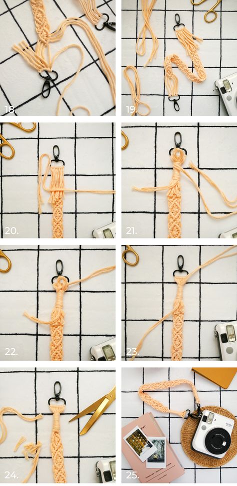 Camera Strap Pattern, Camera Strap Tutorial, Macrame Camera Strap, Diy Camera Strap, Plant Holder Macrame, Macrame Wall Hanging Pattern, Simpul Makrame, Keychain Macrame, Diy Lanyard