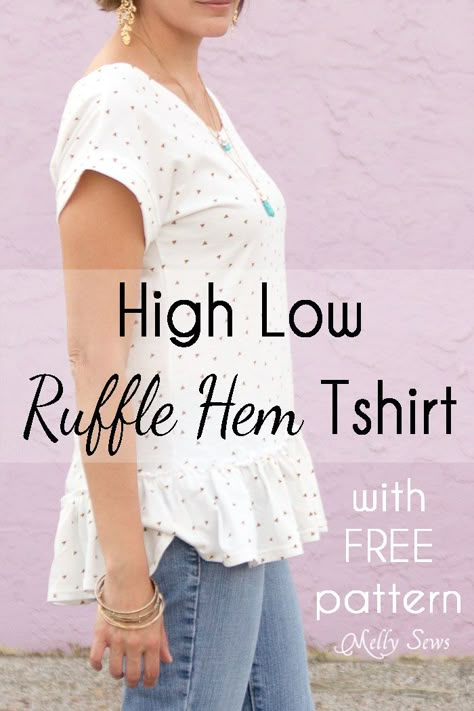 Make a ruffled hem tshirt - sew a t-shirt with a ruffle hem using this pattern and tutorial from Melly Sews Hem Tshirt, Melly Sews, Sewing Tops, Love Sewing, Sewing Patterns Free, Free Sewing, Sewing Techniques, Sewing Clothes, Sewing Inspiration