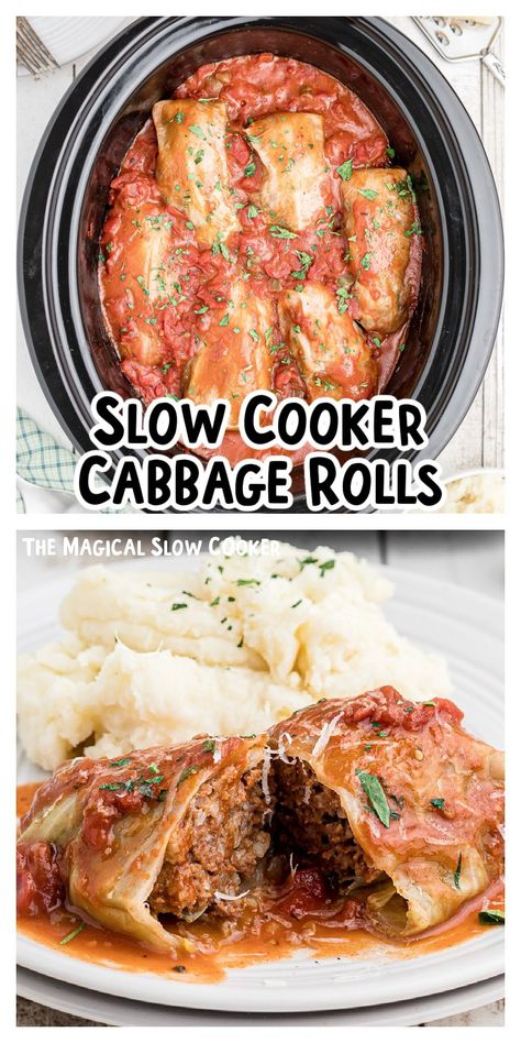 If you've been intimidated by the thought of making crock pot cabbage rolls, you're in the right place. This Slow Cooker Cabbage Rolls recipe is easy to follow and at the end of the day, you'll have a tasty meal on the dinner table. - The Magical Slow Cooker Slow Cooker Cabbage, Slow Cooker Cabbage Rolls, Easy Cabbage Rolls, Recipes Sauces, Crock Meals, Slow Cooker Chicken Healthy, Vegetarian Slow Cooker Recipes, The Magical Slow Cooker, Cabbage Rolls Recipe