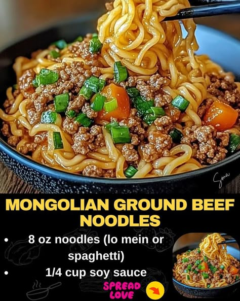 Mongolian Ground Beef Noodles Mongolian Ground Beef Noodles, Beef Lo Mein Recipe, Ground Beef Noodles, Mongolian Ground Beef, Bacon Cheeseburger Meatloaf, Beef Tips And Noodles, Mexican Casserole Recipe, Mongolian Beef Recipes, Lo Mein Recipes