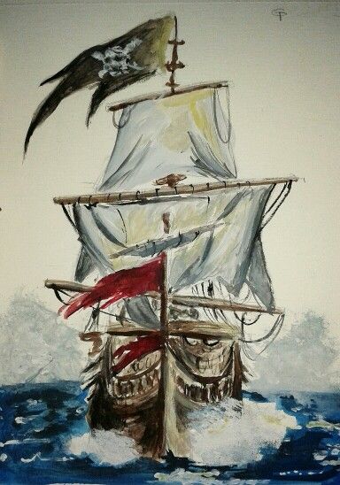 Our pirate ship in Pathfinder. Gouache and acrylic. Pirates Of The Caribbean Watercolor, Pirate Acrylic Painting, Pirate Oil Painting, Pirate Ship Painting Easy, Watercolor Pirate Ship, Pirate Ship Painting Acrylic, Pirate Painting Ideas, Pirate Watercolor, Pirate Painting