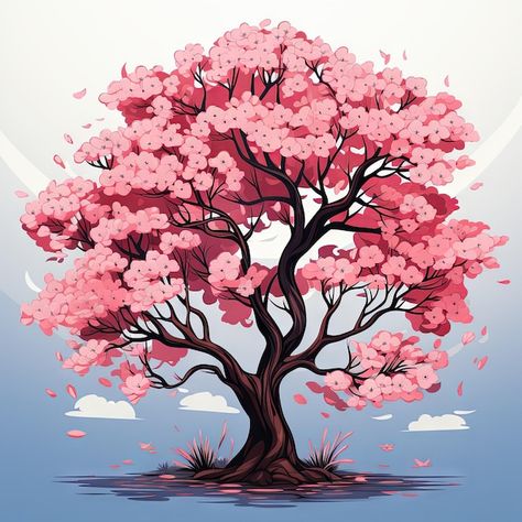 Cherry Blossom Tree Illustration, Sakura Tree Illustration, Cherry Blossom Tree Stencil, Japanese Pink Tree, Sakura Tree Drawing, Sakura Tree Art, Cherry Blossom Tree Drawing, Blossom Tree Drawing, Anime Tree