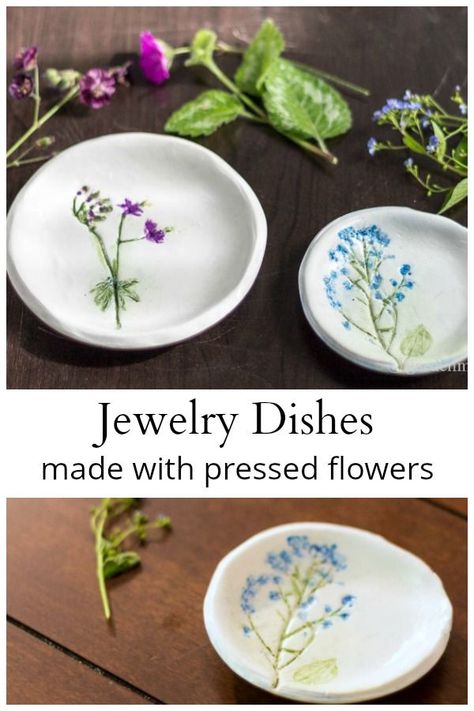 Learn how to make your own pressed flower jewelry dish from polymer clay, a few flowers from your yard and craft paint. Another great handmade gift idea. #gifts #flowers #crafts #jewelry Pressed Flowers Diy, Diy Fimo, Jewelry Dishes, Pressed Flower Jewelry, Pressed Flower Crafts, Air Dry Clay Projects, Art And Craft Videos, Craft Paint, Pressed Flower Art