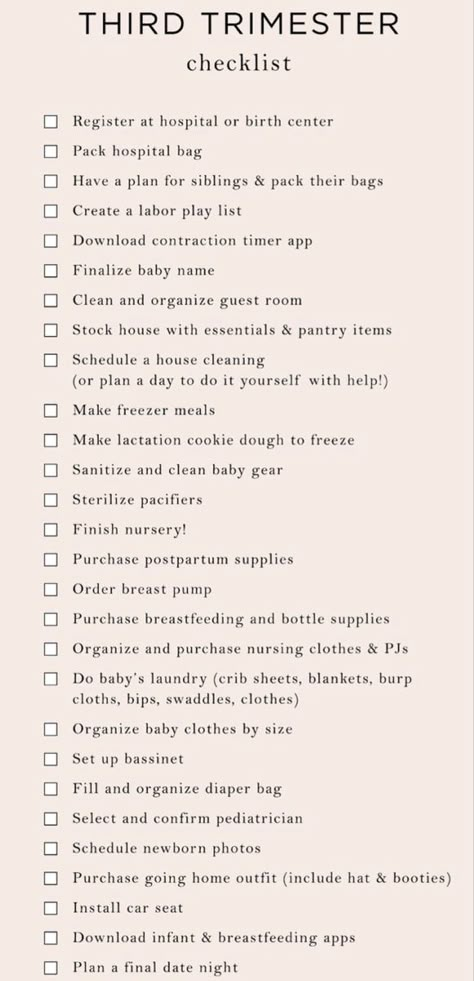 3rd Trimester To Do List, Third Trimester Essentials, Nesting Checklist By Week, Nesting For New Baby, 1st Trimester Checklist, Second Trimester Checklist, Rental Nursery Ideas, Nesting Party Checklist, 2nd Trimester Checklist