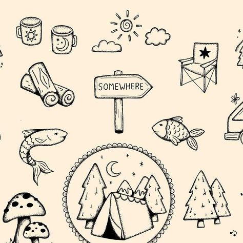 laura on Instagram: "calling all happy campers 🏕️ and anyone that likes trees, mountains, or cute mushroom tattoos 🙃  camping flash now available woooo. I absolutely love going away in our campervan so I just had to do a camping themed flash now we are able to start going again 😅  all available for handpoke. as always I do deals when you book multiple designs in a session!  use the link on my page for my booking form or just message me to enquire! can’t wait to tattoo these 🏔️ 🌲 ⛺️🍄🐟🪵🐾🌞🌳  @harmlesstattoo Braintree, Essex  #handpoketattoo #handpoke #stickandpoke #campingtattoo #summertattoo #mountaintattoo #adventuretattoo #cutetattoo #essextattoo #hertfordshiretattoo #suffolktattoo #braintree #vanlife #campervan #camping" Small Cabin Tattoo, Mountain Flash Tattoo, Camp Tattoo Ideas, Campfire Tattoos, Cute Mushroom Tattoos, Backpacking Tattoo, Camping Drawings, Campervan Tattoo, Camper Tattoo