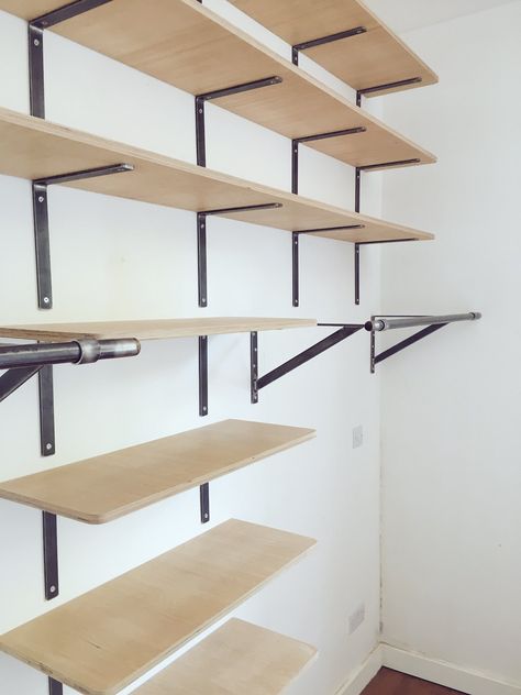 Adam Whittle on Twitter: "Bespoke birch plywood shelving with hand made metal clothes rails and brackets installed today in Eltham London SE9. #bespokeshelving https://t.co/CTGAgXFiir" / Twitter Shelves With Brackets, Plywood Shelving, Alcove Shelves, Patio Railing, Plywood Shelves, Pressure Treated Wood, Roof Covering, Metal Clothing, Patio Roof