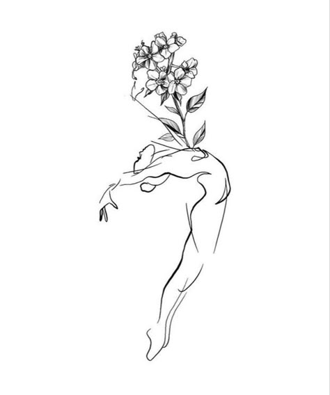 Dancer Inspired Tattoos, Dance And Music Tattoo, Dancing Tattoos For Women, Jazz Dance Tattoo, Single Line Dancer Tattoo, Dancer With Flowers Tattoo, Dancer Fine Line Tattoo, Woman Silhouette Tattoo Flower, Matching Dance Tattoos