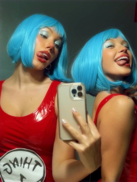 halloween costume inspo, halloween costume 2022 Halloween Costume With Blue Hair, Blue Wig Halloween Costumes, Two Halloween Costumes, Leather Halloween Costumes, Blue Wig Costume, Halloween Costume 2022, Spooky Outfits, Thing One Thing Two, Halloween Costumes 2022