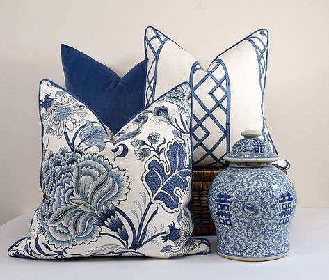 Romo Blue Fabric, Blue White Pillows, Blue And White Decorative Pillows, Blue And Off White Living Room, Lounge Cushions Ideas, Mixing Blues In Decorating, Blue And White Living Room Throw Pillows, Hamptons Style Decor Bedroom Blue And White, Blue And White Pillows Living Room