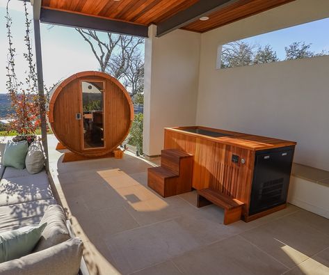 The dynamic duo: cold plunge and barrel sauna from our Austin project #sauna #saunatime #saunadesign #saunalife #sweatdecks #austin #losangeles #heattherapy #coldplunge #saunaandcoldplunge #outdooroasis #wellnessretreat #sweatitout Barrel Sauna And Cold Plunge, Sauna With Cold Plunge, Home Sauna Cold Plunge, Home Sauna And Cold Plunge, Indoor Cold Plunge, Outside Sauna, Sauna And Cold Plunge, Sauna Barrel, Goal Wall