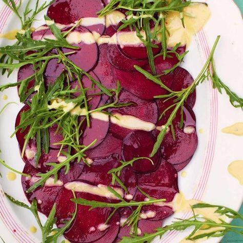 Jamie Oliver's Beetroot Carpaccio | Vegetarian Christmas Starter Christmas Starter, Olio Pasta, Beetroot Carpaccio, Christmas Starters, Vegetarian Christmas, Raw Beets, Latest Recipe, Jamie Oliver, Inspired Recipes