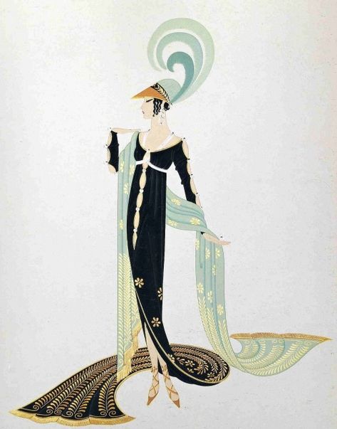 Erté Tirtoff was born Roman Petrovich Tyrtov in Saint Petersburg. He moved to Paris where between 1915–1937, He designed over 200 covers for Harper's Bazaar, and his illustrations would also appear in such publications as Illustrated London News, Cosmopolitan, Ladies' Home Journal, and Vogue. His elegant fashion designs capture the art deco period in which he worked. Erte Illustration, Art Deco Fashion Illustration, Erte Art Deco, Erte Art, Art Deco Illustrations, Art Deco Artists, Art Deco Illustration, Deco Poster, Art Deco Posters