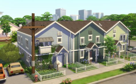 Sims 4 Row House, Sims 4 Village Lot, Sims 4 Town Houses, Sims 4 Duplex House, Sims 4 Multiple Houses One Lot, Small Suburban House Exterior, Townhouse Sims 4, Sims 4 Backyard Ideas, Sims 4 Townhouse