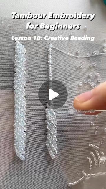 Beading On Clothes Tutorials, Couture Embroidery Designs, How To Do Beading On Fabric, How To Do Beaded Embroidery, Bead Work Tutorial, Tambour Beading Pattern, Beadwork Embroidery Tutorial, Hand Beading Embroidery Tutorial, Beading On Clothes