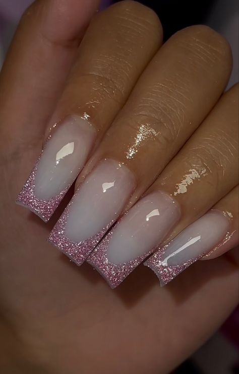 White Nails Glitter French, Milky White And Pink Nails, Milky White Glitter Nails, Clear Tip Nails, Milky Nails With Glitter, Milky White French Nails, Glitter White Nails, 18th Birthday Nails, Pink Sparkle Nails