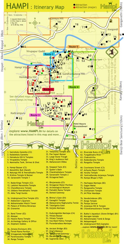 hampi-itinerary-map Vijayanagara Empire, India Travel Places, Road Trip Map, Block Area, Travel Infographic, Cross River, Tourist Map, Hampi, One Day Trip