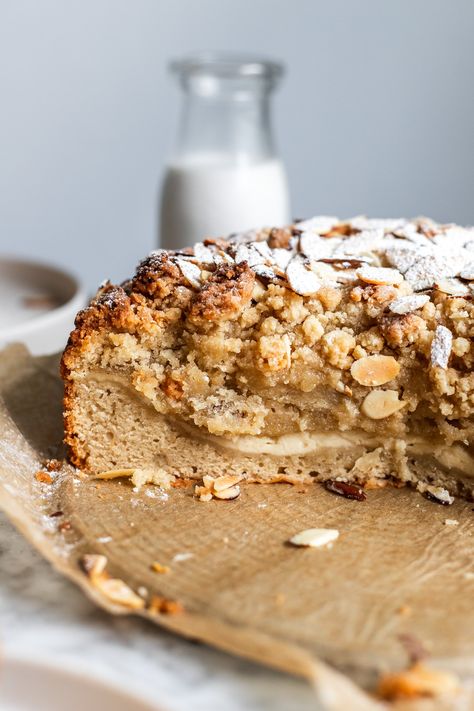 This deliciously buttery almond coffee cake is inspired by the classic almond croissant- with rich frangipane and cream cheese filling rippled throughout and a crunchy nutty almond vanilla streusel on top! Oh, and you'll never believe it's vegan and dairy free! Coffee Cake With Cream Cheese, Cake With Cream Cheese Filling, Classic Coffee Cake, Almond Coffee Cake, Almond Coffee, Cream Cheese Coffee Cake, Dairy Free Cream Cheese, Blueberry Coffee Cake, Breakfast Bread Recipes