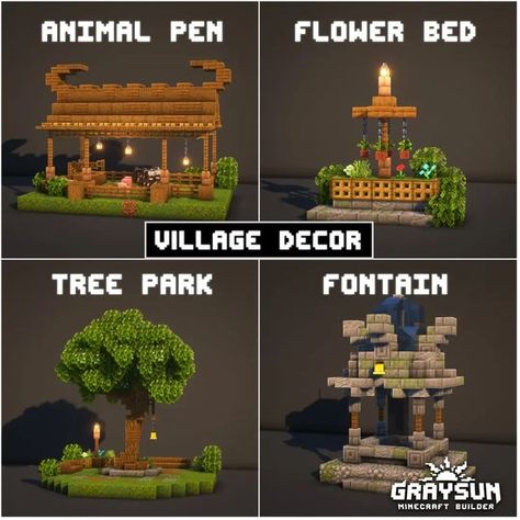 Graysun | Minecraft Content Creator on Instagram: "WHICH ONE IS YOUR FAVORITE? Comment below. Minecraft - Plains village props Featuring an Animal pen, flower bed, fountain and a tree park These decor will be used in the final build of the minecraft plains village revamp with @hitachi_mc Save this for inspiration ! _________________________________________ 👥️️ - Follow me @graysun.builds ❤️ - Like to support 💬 - Give your feedback on this Minecraft build 📩 - Save for this for your Minecra Minecraft City Decoration Ideas, Minecraft Exterior Decoration, Minecraft Job Stations, Minecraft Walled Village, Village Walls Minecraft, Minecraft Mountain Building Ideas, Town Center Minecraft Ideas, Minecraft Village Decoration Ideas, Tv Minecraft Ideas