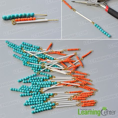 make the first part of the bead tassel chain necklace Bugle Bead Jewelry, Beaded Tutorials, Floating Necklace, Making Stuff, Seed Bead Patterns, Seed Bead Tutorial, Plastic Jewelry, Bugle Beads, Bead Jewelry