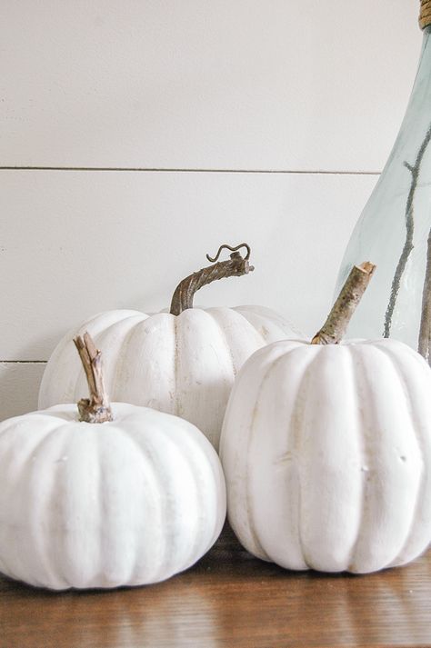 An easy tutorial to make inexpensive faux pumpkins look impressively real. www.littlehouseoffour.com Wedding Autumn Ideas, Wedding Fall Ideas, White Pumpkin Decor, Pallet Pumpkin, Wedding Autumn, Felt Pumpkins, Autumn Ideas, Faux Pumpkins, Wedding Fall