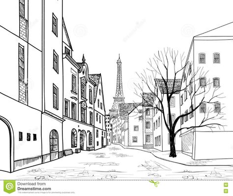 Paris Street. Cityscape - Houses, Buildings And Tree On Alleyway Stock Illustration - Illustration of chair, black: 66262873 City Sketch, Sketch Pencil, Paris City, City Landscape, Paris Street, Old City, Cityscape, Tower, Sketch