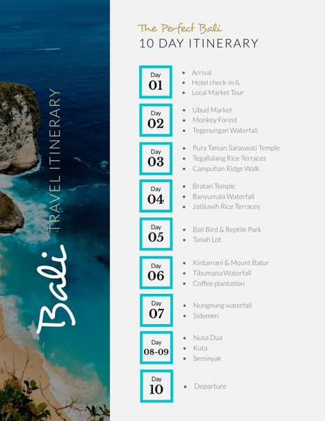 Bali Travel Itinerary Template Visme Vacation Itinerary Template, Travel Book Design, Itinerary Design, Bali Holiday, Travel Destinations In India, Bali Itinerary, Bali Holidays, Bali Travel Guide, Travel Captions